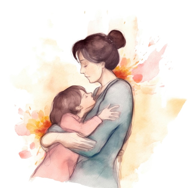 Rysunek przedstawiający przytulającą się matkę i córkę.