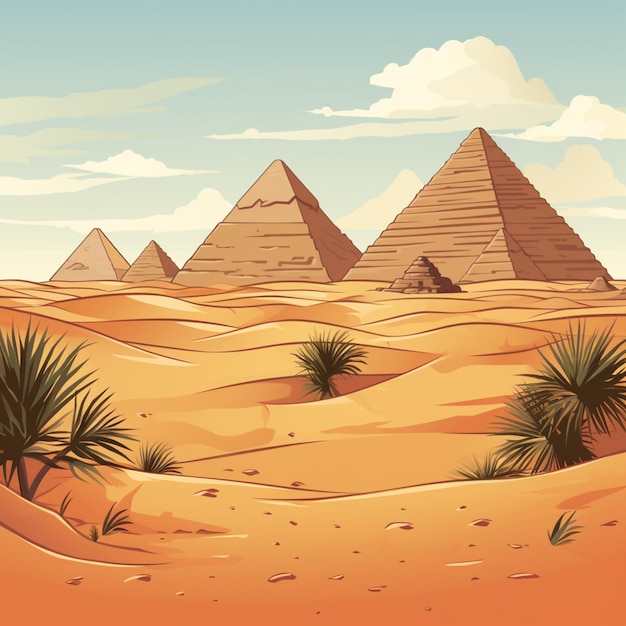 rysunek przedstawiający pustynię z piramidą i palmami generatywnymi AI