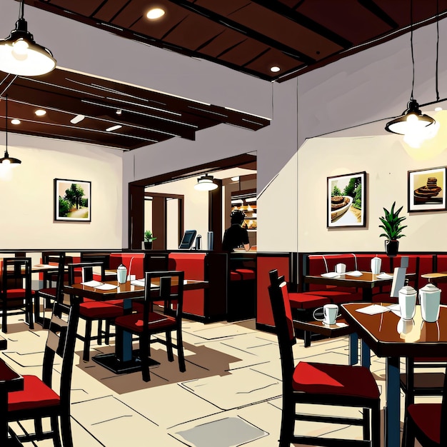 Rysunek przedstawiający restaurację z czerwonym krzesłem i czarnym krzesłem.