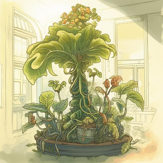 Rysunek przedstawiający roślinę z zieloną rośliną