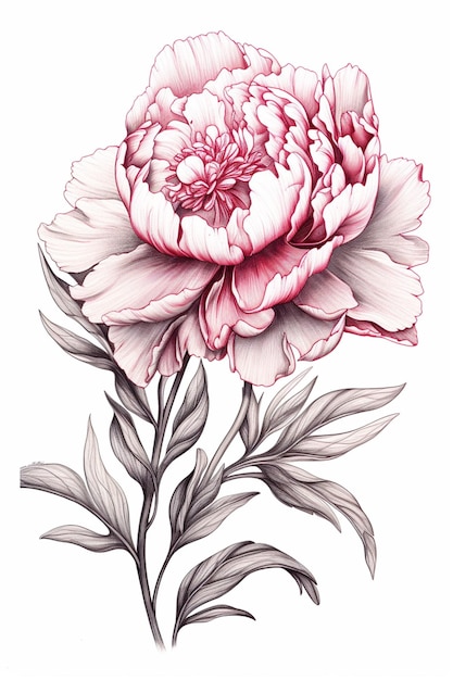 Rysunek przedstawiający różowy kwiat z liśćmi na białym tle generatywna ai