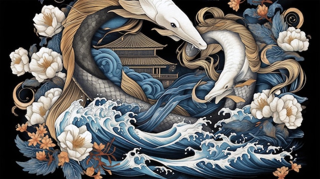 Rysunek przedstawiający rybę i pagodę w mieszance motywów azjatyckich wygenerowanych przez sztuczną inteligencję