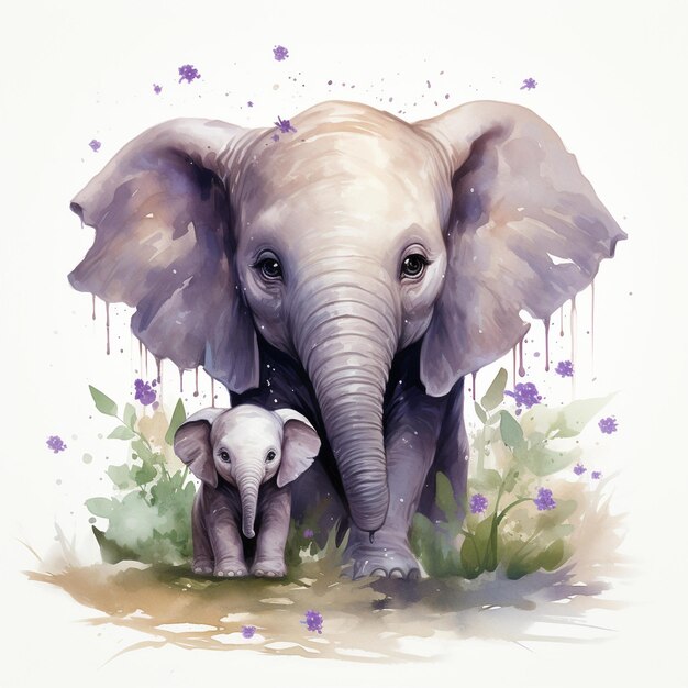 Rysunek przedstawiający słonia i słoniątko z fioletowym kwiatem w tle.
