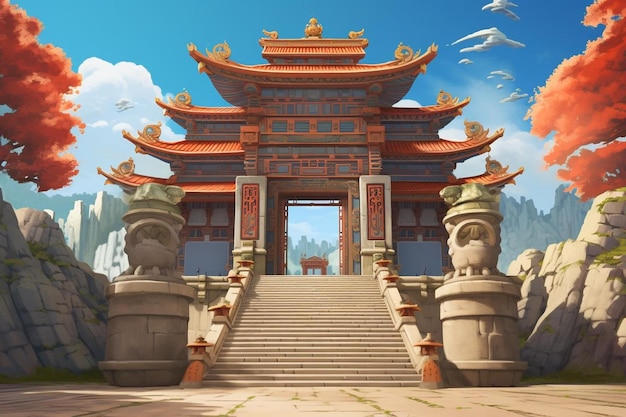 rysunek przedstawiający świątynię z ptakiem lecącym na niebie.