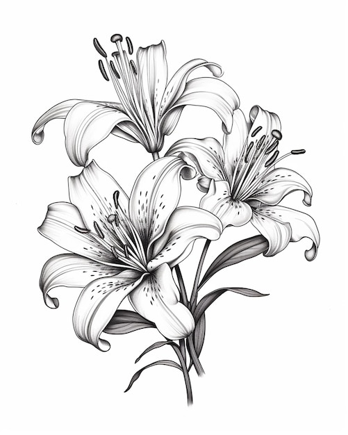 Rysunek przedstawiający wiązkę kwiatów z liśćmi na białym tle generatywny ai