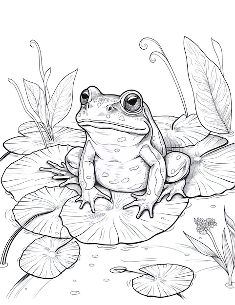 Rysunek przedstawiający żabę siedzącą na liściu Obraz generatywny AI