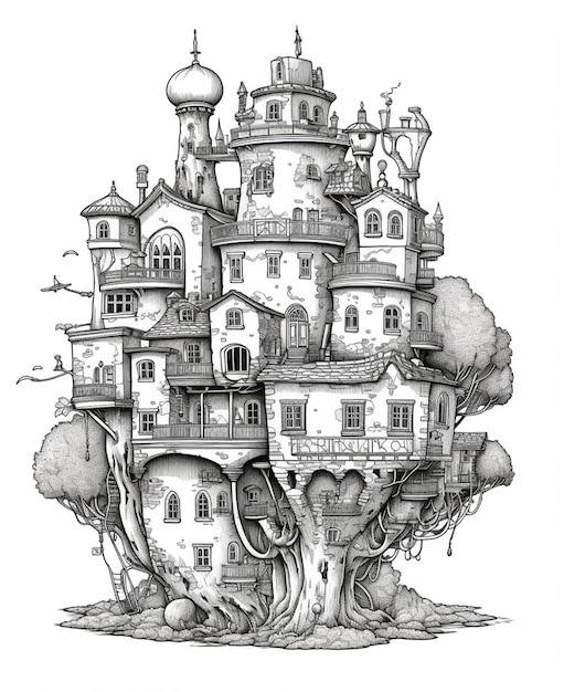 Rysunek przedstawiający zamek z drzewem.