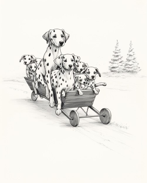 Zdjęcie rysunek psa dalmackiego ciągnącego wózek pełen szczeniąt generatywny ai