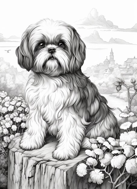 Zdjęcie rysunek psa siedzącego na pni w polu generatywny ai