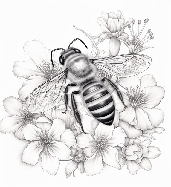Zdjęcie rysunek pszczoły z kwiatami i pszczołą na nim generatywny ai