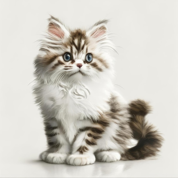Rysunek puszystego kotka o niebieskich oczach siedzi na białej powierzchni.