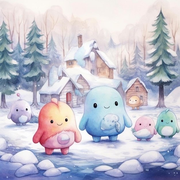 Rysunek rodziny potworów na śniegu.