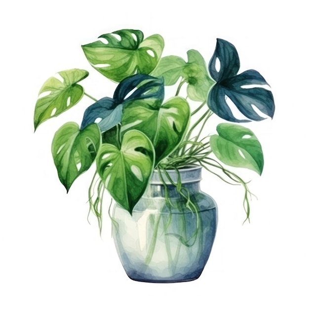 rysunek rośliny z zielonymi liśćmi w niebieskim wazonie.
