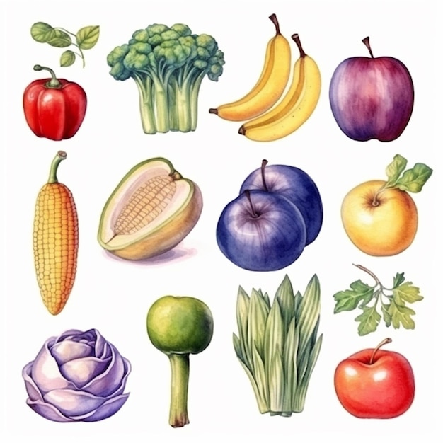 Rysunek różnych owoców i warzyw.