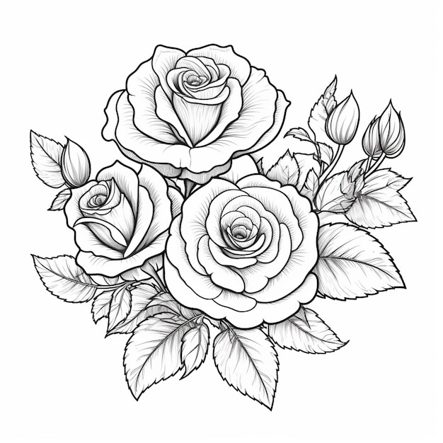 rysunek róży z liśćmi i kwiatami na białym tle generatywny ai