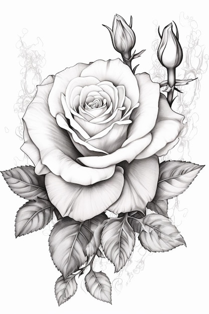 Zdjęcie rysunek róży z liśćmi i pąkami na białym tle generatywna ai
