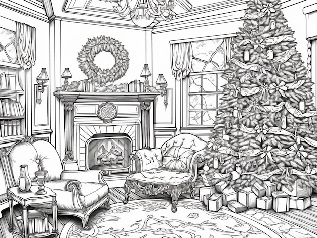 Rysunek salonu z choinką bożonarodzeniową i kominem generatywny ai