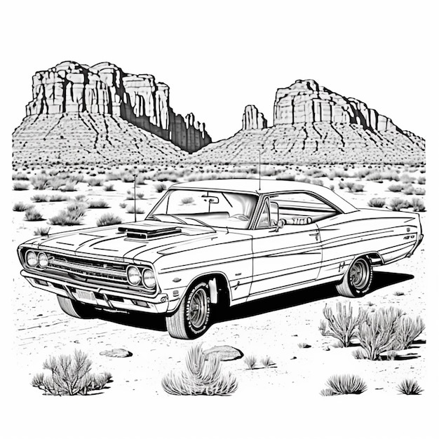Zdjęcie rysunek samochodu na pustyni z górami na tle generatywny ai