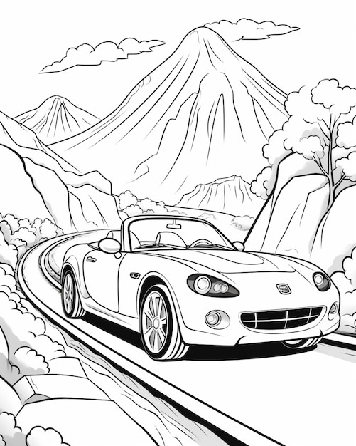 rysunek samochodu sportowego jadącego po drodze z górami w tle generatywny ai