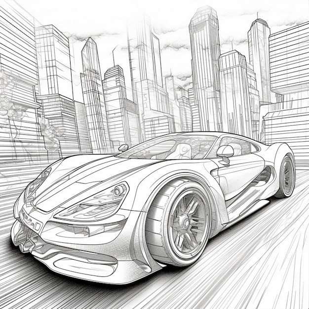 Zdjęcie rysunek samochodu sportowego jadącego ulicą miasta generatywnej ai