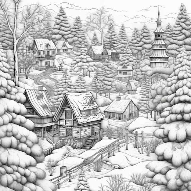 Rysunek śnieżnej wioski z kościołem i wieżą kościelną generatywny ai