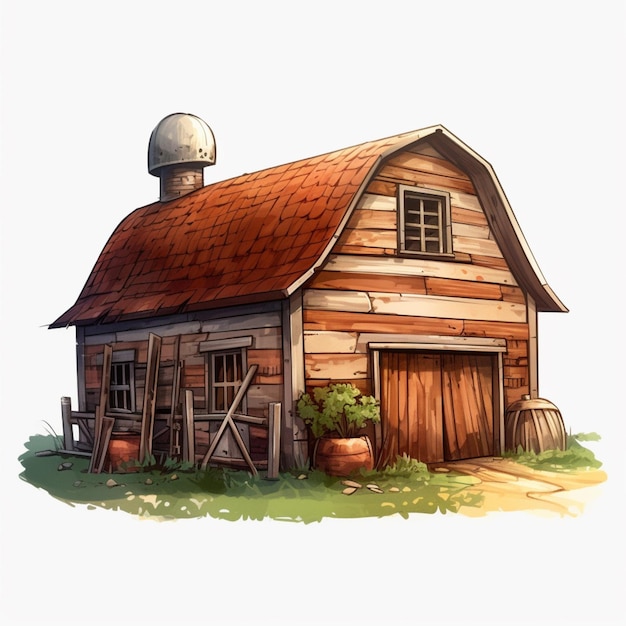 Rysunek stodoły z czerwonym dachem i stodoły po prawej stronie.