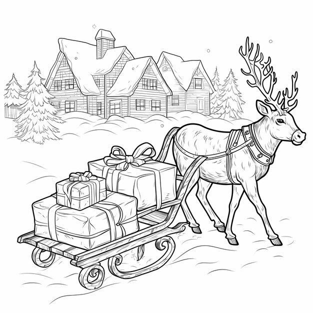 Zdjęcie rysunek świąteczny 2d na białym tle kolorowanie książki elf biały śnieg i prezenty