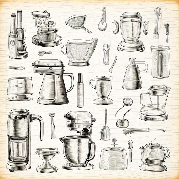 Rysunek szkicu naczyń kuchennych retro
