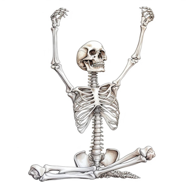 Zdjęcie rysunek szkieletu siedzącego na ziemi z rękami w górze generatywny ai