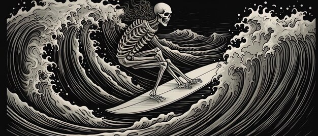rysunek szkieletu surfującego na desce surfingowej z rysunkiem szkieletu na nim