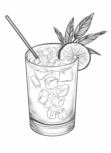 Zdjęcie rysunek szklanki herbaty lodowej z kawałkiem cytrynowej i słomką generatywną ai