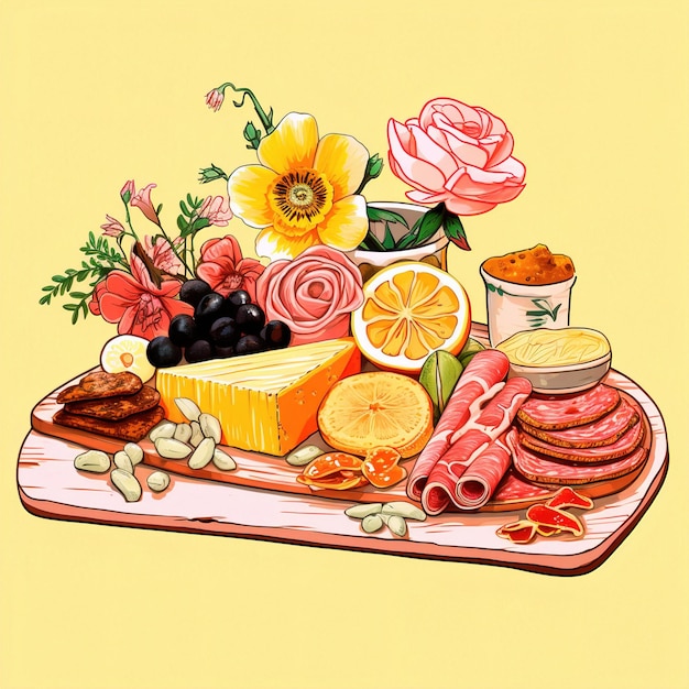 rysunek tacki z jedzeniem na żółtym tle z obrazem kwiatów i cytryny.