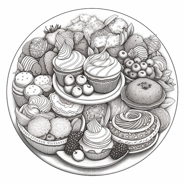 Zdjęcie rysunek talerza z jedzeniem i różnymi deserami generatywnymi ai