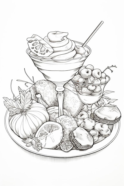 Zdjęcie rysunek talerza z jedzeniem z kieliszkiem koktajlowym i generatywną ai owoców