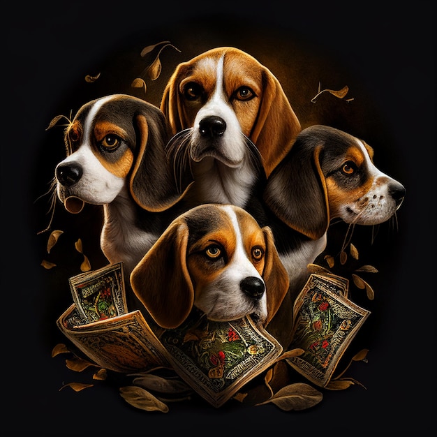 Rysunek trzech psów rasy beagle z kartą w środku.