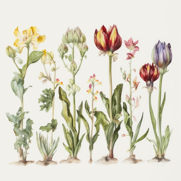 Rysunek tulipanów w rzędzie z jednym z nich oznaczonym jako „tulipany”