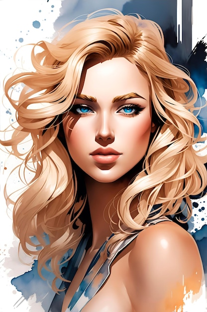 Rysunek tuszem, obraz pięknej blondynki, cyfrowa ilustracja kolorowa