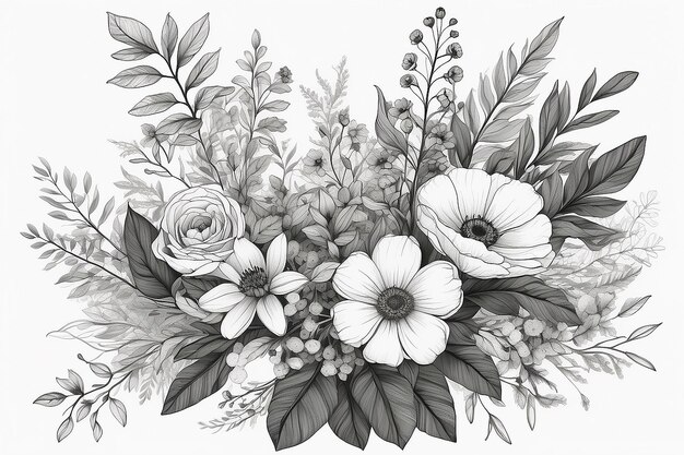 Zdjęcie rysunek układu kwiatowego z liśćmi i kwiatami generatywnymi ai