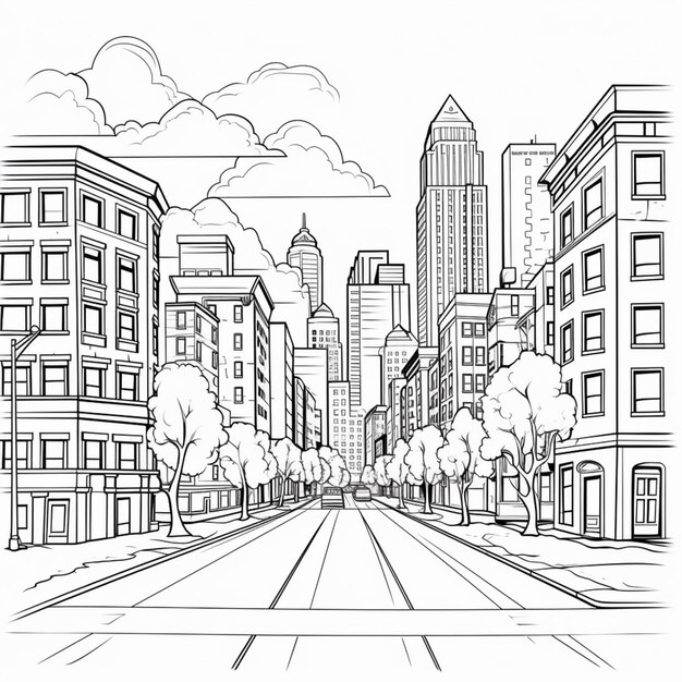 rysunek ulicy miejskiej z wysokimi budynkami i drzewami