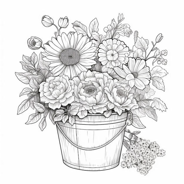rysunek wiadra pełnego kwiatów z bukietem kwiatów generatywnej ai