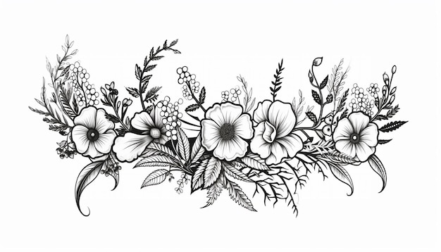 Zdjęcie rysunek wiązki kwiatów na białym tle generatywny ai