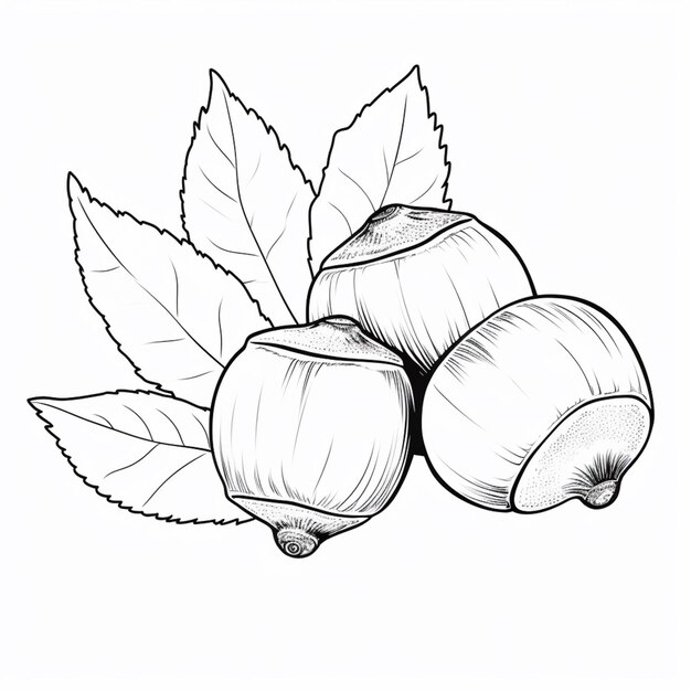 Zdjęcie rysunek wiązki orzechów z liśćmi na białym tle generatywny ai
