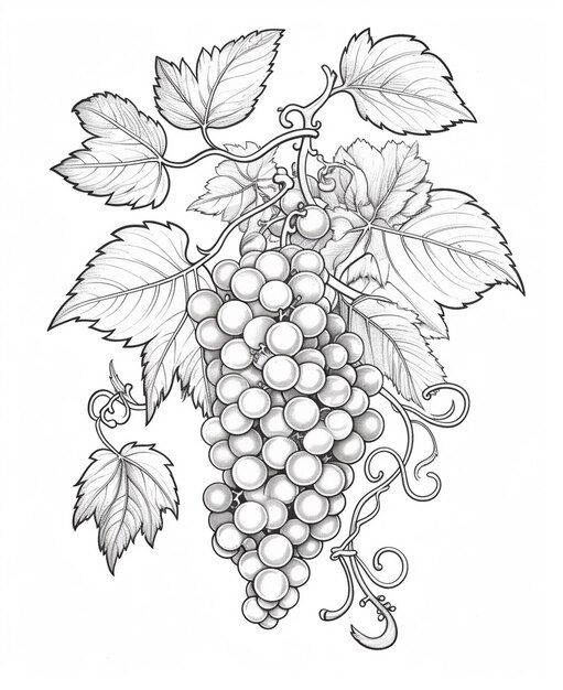 rysunek wiązki winogron z liśćmi na winorośli