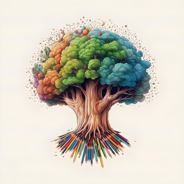 Zdjęcie rysunek wielobarwnego drzewa z dużymi korzeniami w postaci ołówków