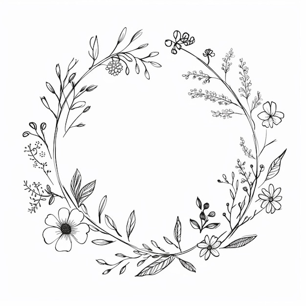 rysunek wieńca z kwiatów i liści