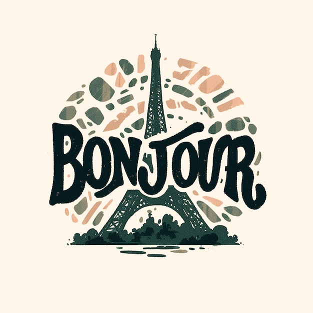 Rysunek Wieży Eiffla z słowem Bonjour napisanym kursywą Rysunek przedstawia krajobraz miejski z rzeką i drzewami w tle