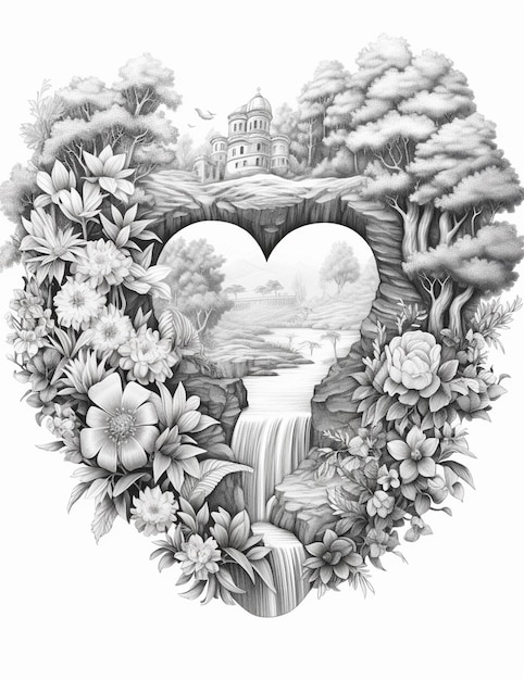 rysunek wodospadu w kształcie serca otoczonego kwiatami generatywnymi ai