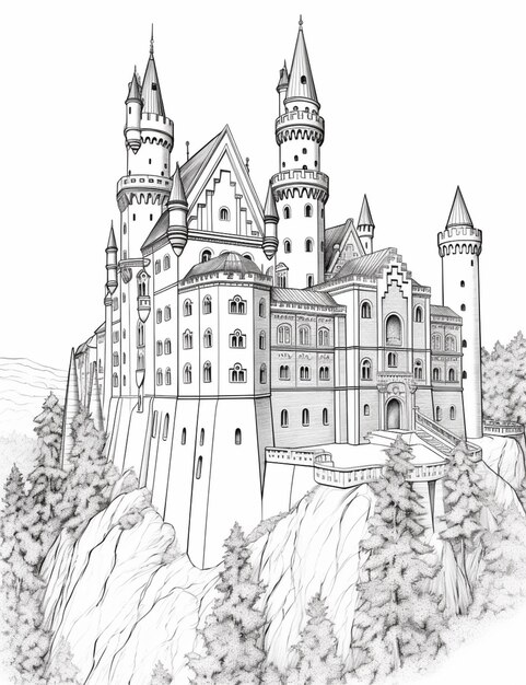 Zdjęcie rysunek zamku na wzgórzu z drzewami