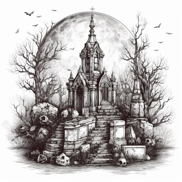 rysunek zamku z cmentarzem i pełnym księżycem generatywny ai