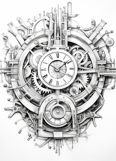 Zdjęcie rysunek zegara z kołami zębatymi i generatywną ai tarczy zegara